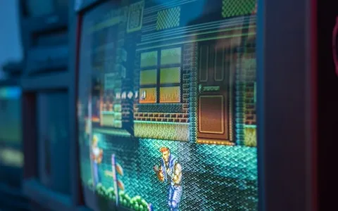 black crt tv turned on in a room